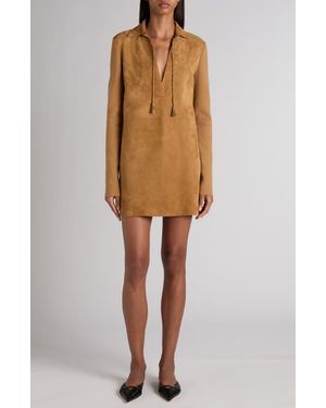 Tom Ford Long Sleeve Suede & Wool Blend Polo Minidress - Multicolor