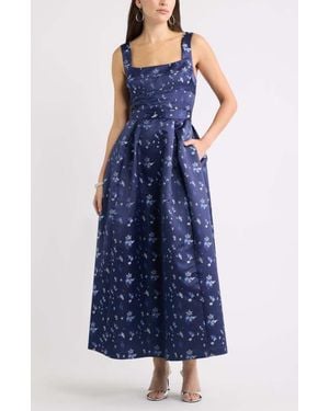 Chelsea28 Pleated Seamed Bodice Jacquard Maxi Cocktail Dress - Blue