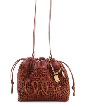 Chloé Mini Summer Banana Woven Raffia Drawstring Shoulder Bag - Red