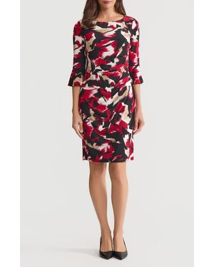 Kasper Abstract Print Side Ruched Sheath Dress - Red