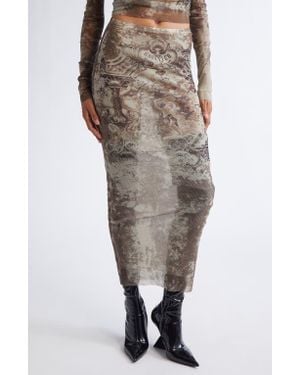 Jean Paul Gaultier Medallion Print Mesh Maxi Skirt - Natural