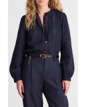 Madewell High Neck Lace Detail Pintuck Cotton Top - Blue