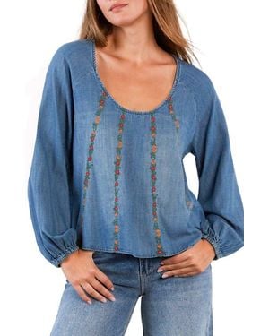 Billy T Floral Wallpaper Embroidered Top - Blue