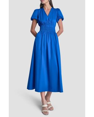 DKNY V-Neck Smocked Midi Dress - Blue