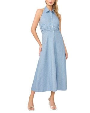 Halogen® Button-Up Cotton & Linen Blend Halter Shirtdress - Blue