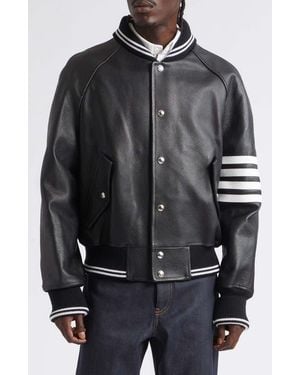 Thom Browne 4-Bar Raglan Sleeve Leather Varsity Jacket - Black