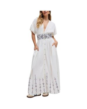 Raffya Sally Ann Button Down Embroidery Maxi Dress - Gray