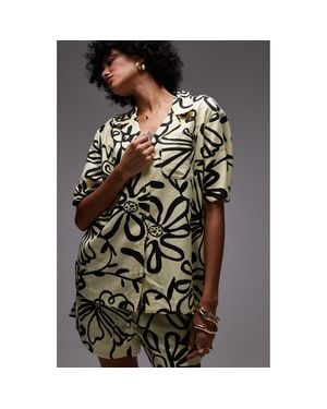 TOPSHOP Cotton & Hemp Button-Up Resort Shirt - Black