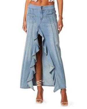 Edikted Valencia Ruffle Slitted Denim Maxi Skirt - Blue