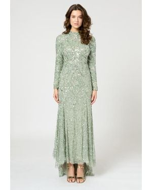 MARYISA Modest Embellished Sequin Beaded Maxi Trail Dress - Green