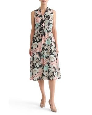 Kasper Floral Print Clip Dot Tie Neck Sleeveless Midi Dress - Multicolor