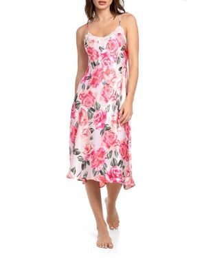 In Bloom Ella Floral Lace Trim Satin Nightgown - Red