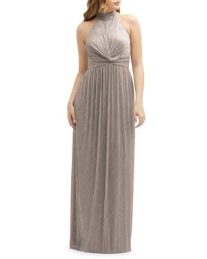 After Six Metallic Pleated Halter Column Gown - Multicolor