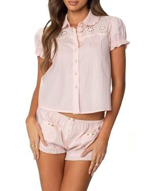 Edikted Lona Eyelet Embroidered Puff Sleeve Button-Up Shirt - Pink