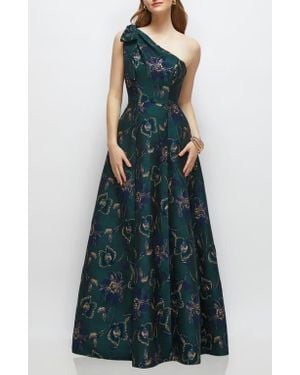 Alfred Sung One-Shoulder Metallic Jacquard Trumpet Gown - Green