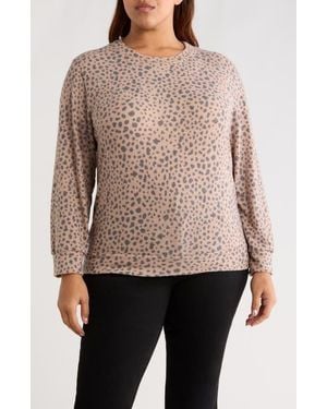 Loveappella Brushed Animal Print Long Sleeve Crewneck Top - Brown