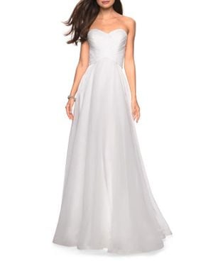 La Femme Strapless Chiffon Dress With Criss Cross Bodice Detail - White