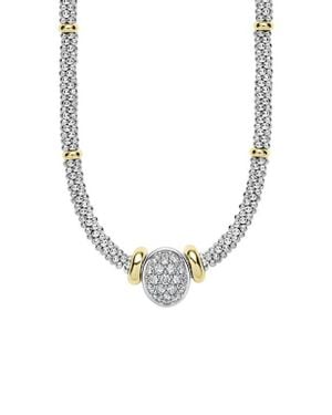 Lagos Signature Caviar Two-Tone Oval Caviar Diamond Necklace - Metallic