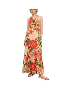 Knit & Lounge Tropical Halter Ruffle Hem Sleeveless Maxi Dress - Orange