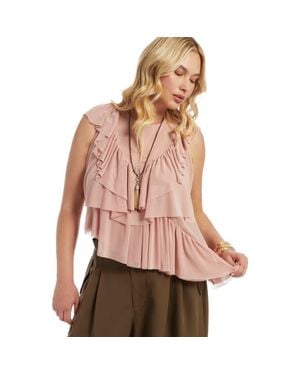 June + Vie Asymmetric Ruffle Mesh Top - Pink