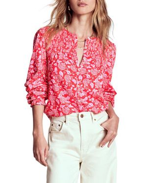 Boden Elsa Smocked Yoke Cotton Blend Jersey Button-Up Shirt - Red
