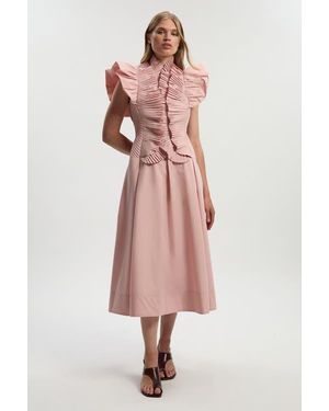 Karen Millen Pleated Ruffle Sleeve Woven Midi Dress - Pink