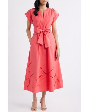 Vince Camuto Ladder Stitch Embroidered Tie Belt Cotton Poplin Midi Dress