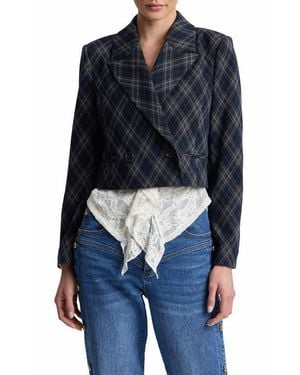 Avec Les Filles Plaid Double Breasted Cropped Blazer - Blue