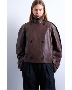 TOPSHOP Ovoid Sleeve Short Faux Leather Trench Coat - Brown