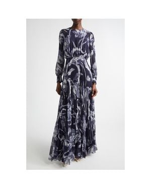 Erdem Botanical Engraving Pleated Long Sleeve Voile Gown - Blue
