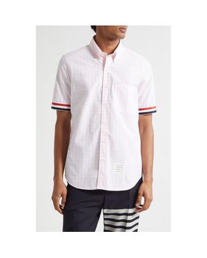 Thom Browne Straight Fit Gingham Plaid Short Sleeve Cotton Button-Down Shirt - Pink