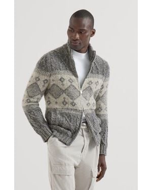 Brunello Cucinelli Virgin Wool, Silk And Cashmere Chiné Cable Knit Cardigan With Intarsia - Gray
