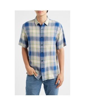 Pendleton Dawson Plaid Short Sleeve Linen Blend Button-Up Shirt - Blue