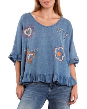 Billy T Worry Free Embroidered Ruffle Cotton Top - Blue