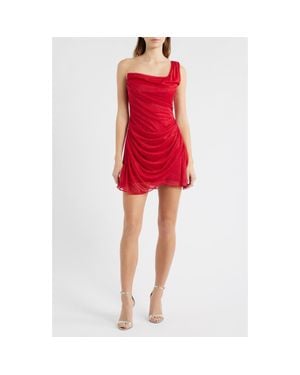 Jump Apparel One-Shoulder Glitter Matte Jersey Cocktail Minidress - Red
