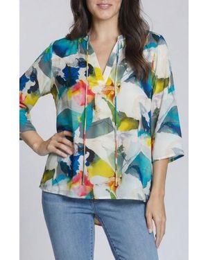 Apny Print Tassel Split Neck Chiffon Top - Blue