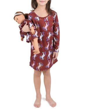 Leveret Girls Long Sleeve Nightgown With Matching Doll Nightgown, Printed Design - Red