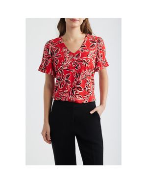 Anne Klein Ruffle Accent Short Sleeve Button-Up Shirt - Red