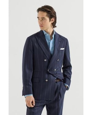 Brunello Cucinelli Cashmere And Virgin Wool Multistripe Twill One-And-A-Half Breasted Deconstructed Blazer With Metal Buttons - Blue