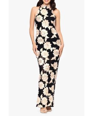 Betsy & Adam Floral Soutache Sheath Gown - Black
