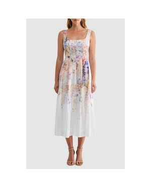 Mila + Mate Print Pleated Sleeveless Maxi Dress - White