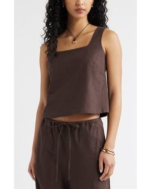 Open Edit Square Neck Sleeveless Linen Blend Top - Brown