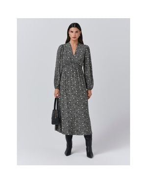 Ghost Petal Crepe V Neck Midi Waisted Dress - Gray