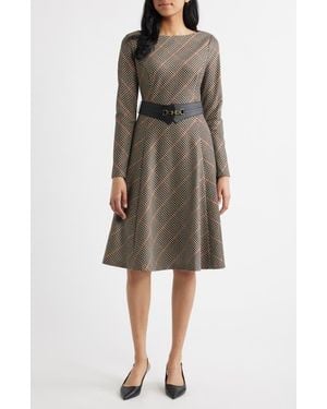 Eliza J Check Bias Cut Long Sleeve Fit & Flare Dress - Multicolor