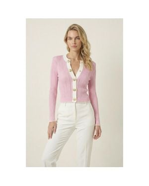 Modenaire Ribbed Knit Contrast Trim Cardigan - Pink