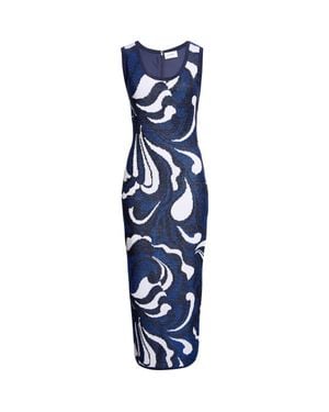 St. John Lynn Metallic Scroll Jacquard Sweater Dress - Blue