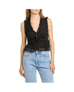 Wayf Norah Lace Trim Tie Front Top - Black