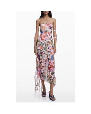Desigual Ruched Ruffle Hem Asymmetric Maxi Dress - Red