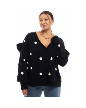 June + Vie Ruffle-Sleeve Cardigan - Black