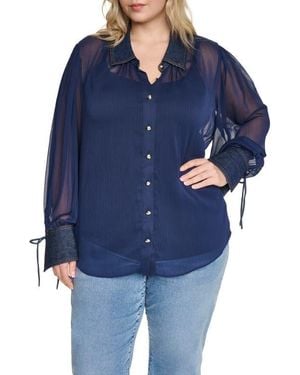 KARL LAGERFELD Crinkle Chiffon Shirt With Denim Trim - Blue